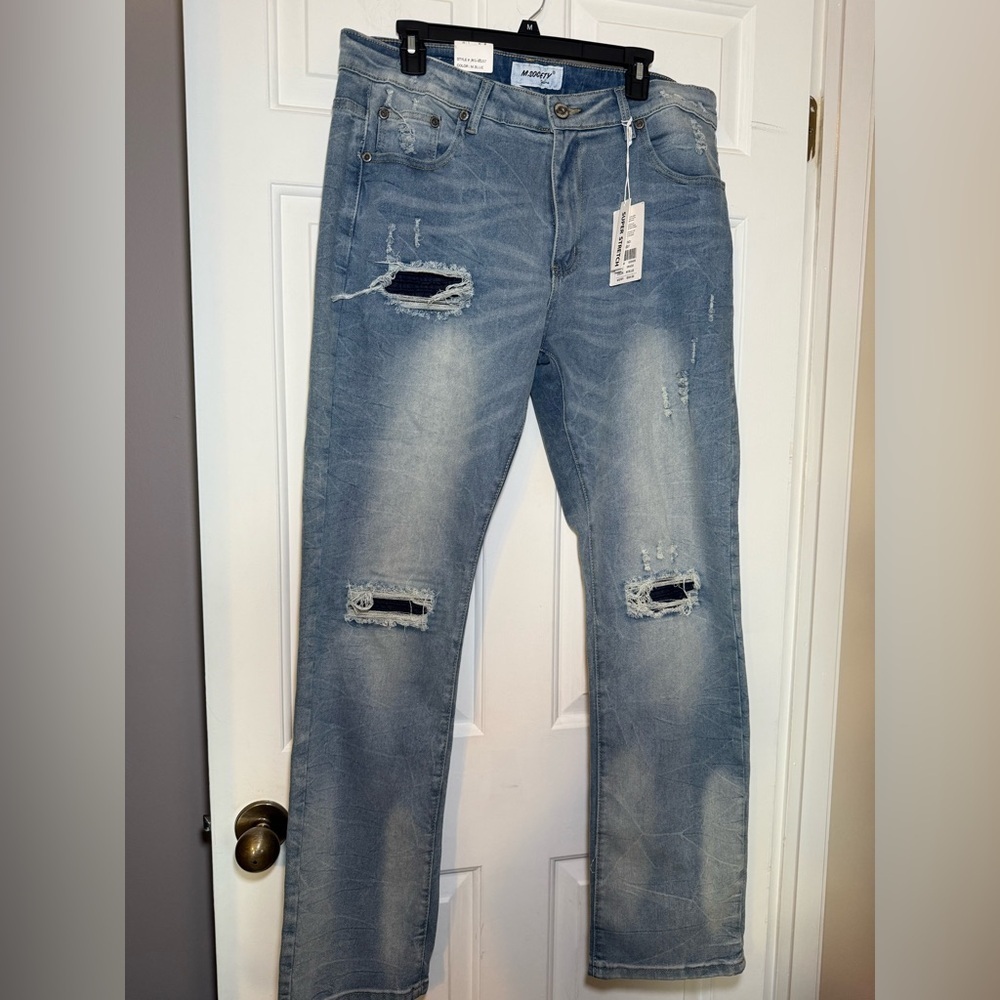 M. Society Jeans Men’s 36X32 Distressed Slim Straight Fit Super Stretch NWT